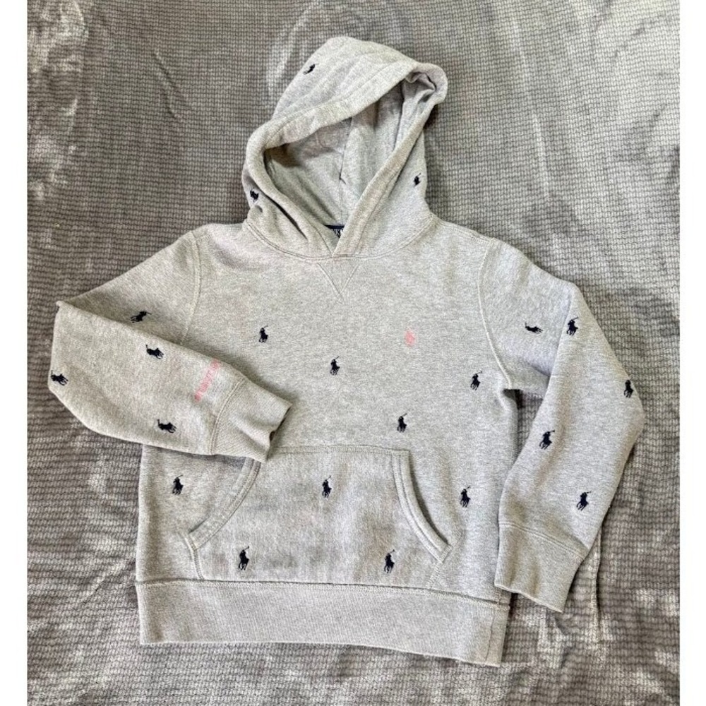 Polo Ralph Lauren #PinkPony Hoodie Grey All Over Pony Pullover Kids Small‎ 8
